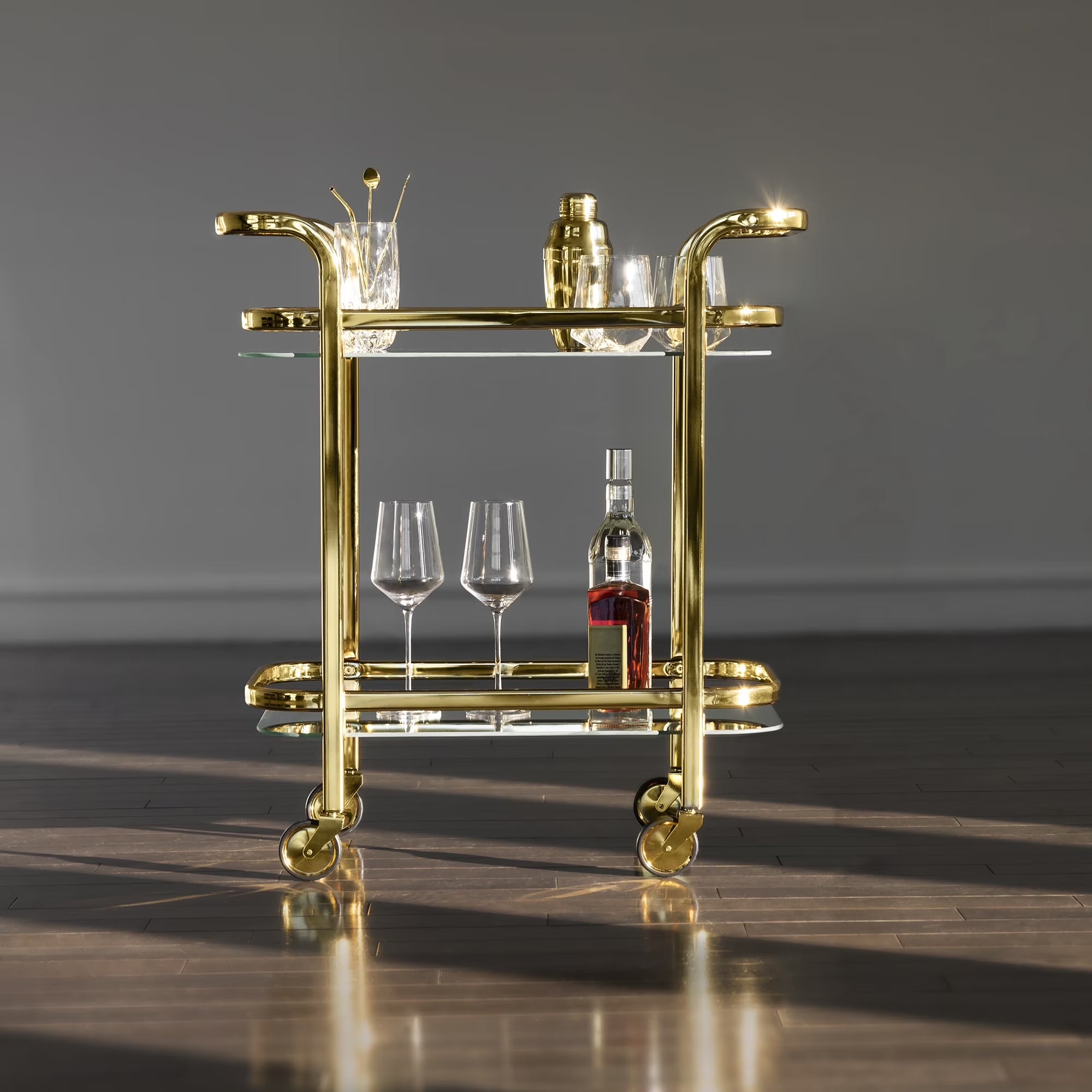 Stainless Steel Bar Cart with Wheels, Mirror Shelves, Home Bar, Gold