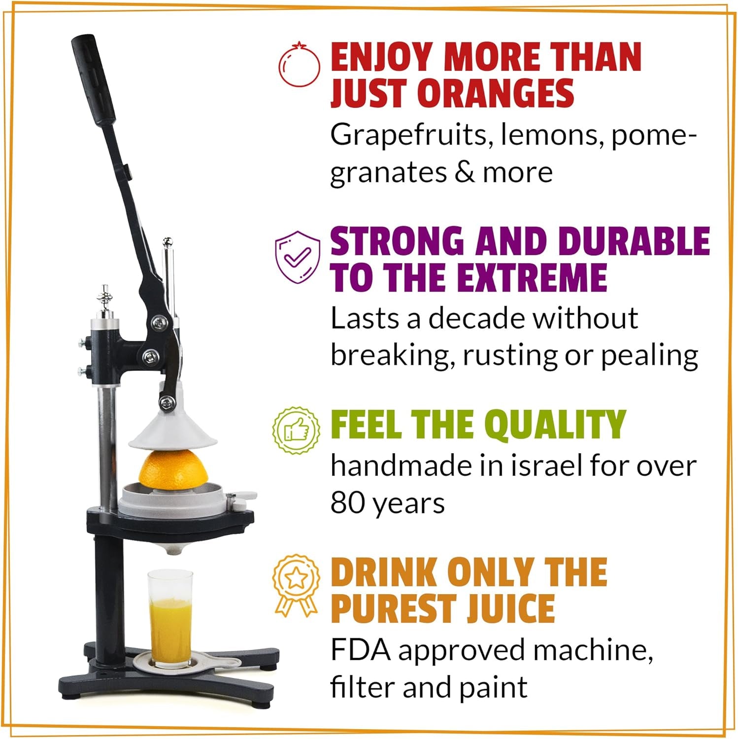 Commercial Citrus Juicer Manual Presser: Press Freshly Squeezed Orange, Lime, Lemon, Grapefruit and Pomegranate Juice like a Professional Chef. XXL Extractor. Enameled Iron Fruit Juicers