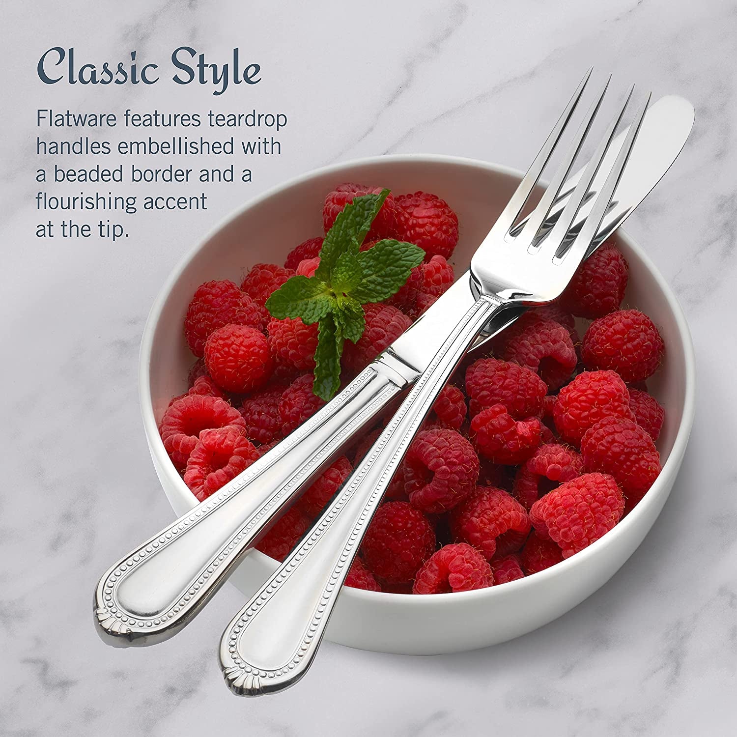Regent Bead 65-Piece Flatware Set for 12, 18/10 Stainless Steel Silverware with Beaded Teardrop Handles, Includes Serving Utensils, Dishwasher Safe