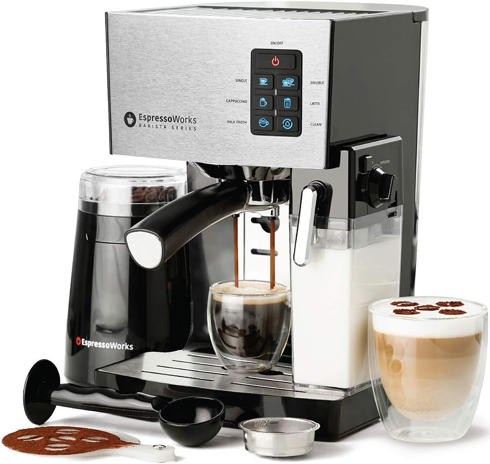 19-Bar Espresso, Cappuccino and Latte Maker 10-Piece Set - Brew Cappuccino and Latte with One Button - Espresso Machine with Milk Steamer 1250W - Coffee Gifts (Silver)
