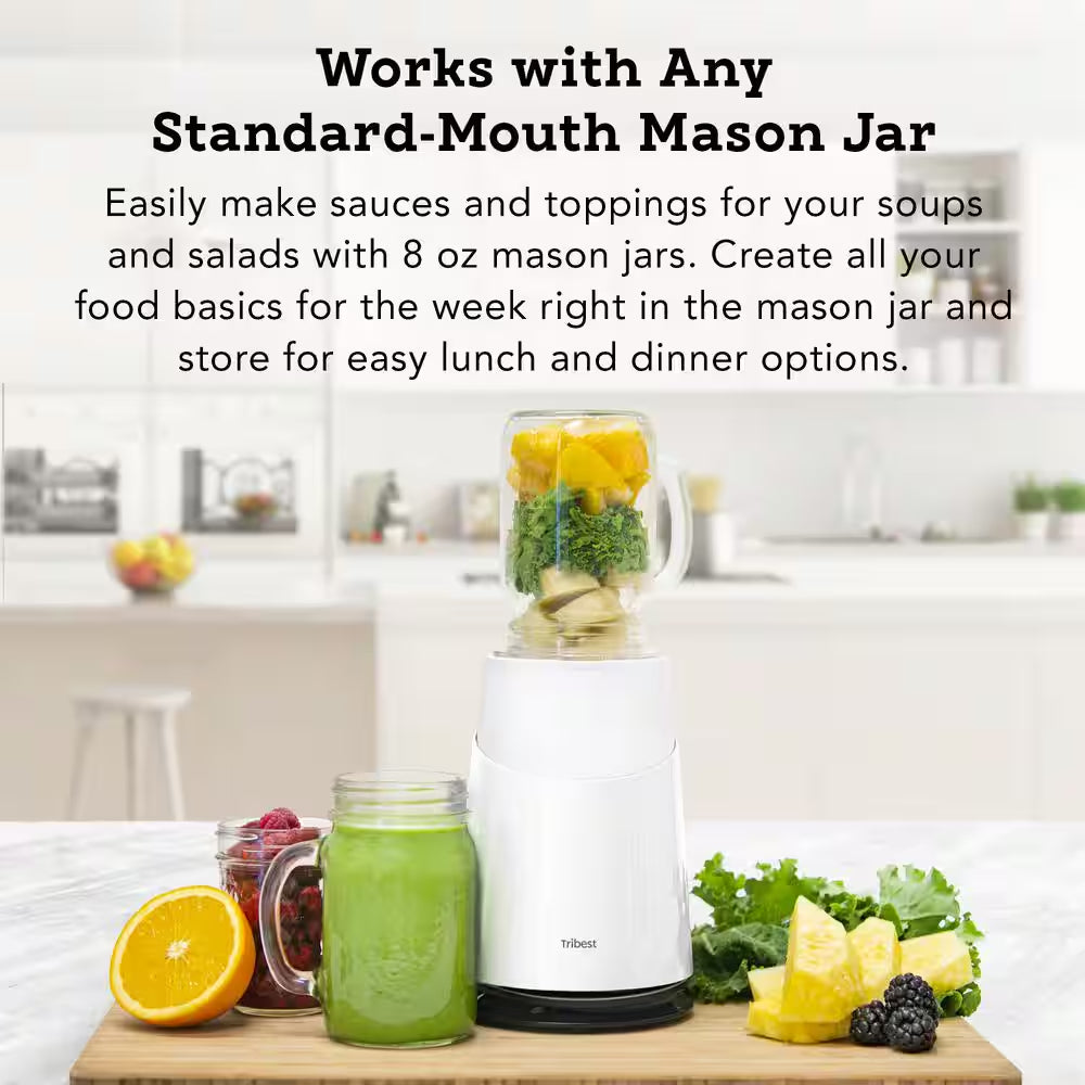 Mason Jar Ready Personal Blender 24 Oz. 1-Speed White 2-With Mason Jar Blending Mug