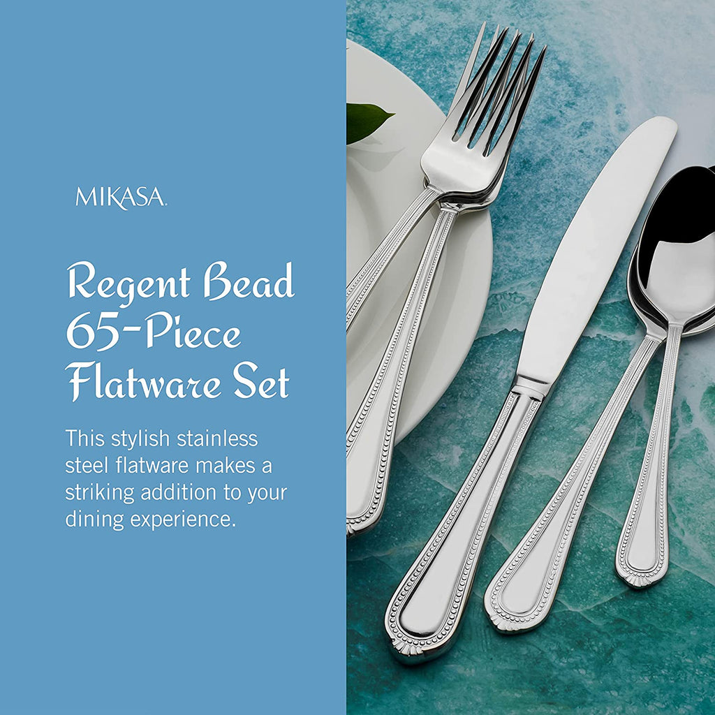 Regent Bead 65-Piece Flatware Set for 12, 18/10 Stainless Steel Silverware with Beaded Teardrop Handles, Includes Serving Utensils, Dishwasher Safe