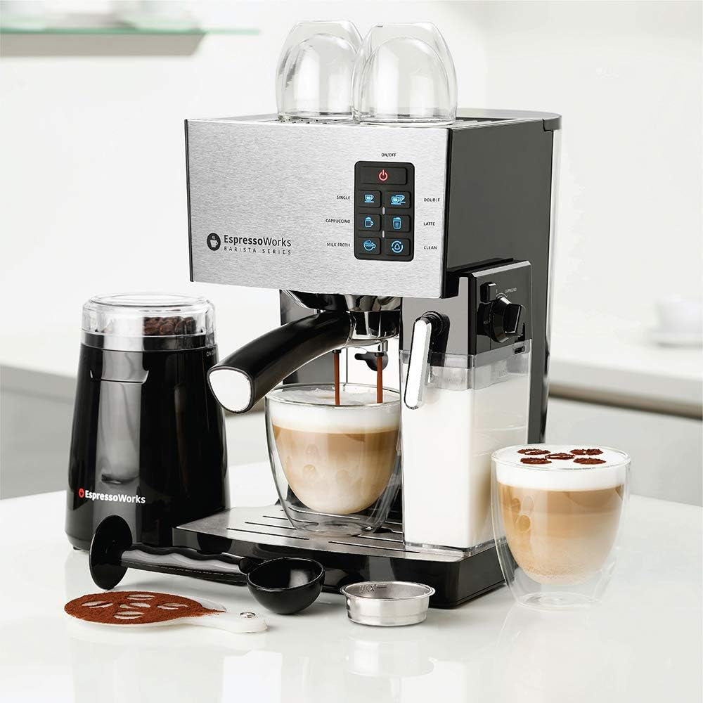 19-Bar Espresso, Cappuccino and Latte Maker 10-Piece Set - Brew Cappuccino and Latte with One Button - Espresso Machine with Milk Steamer 1250W - Coffee Gifts (Silver)