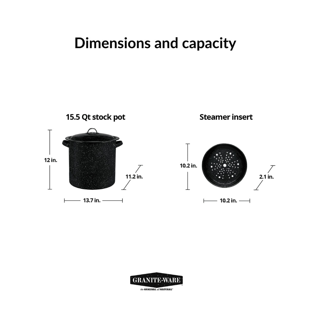 Enamel on Steel Multiuse Pot, Seafood / Tamale / Stock Pot Includes Steamer Insert, 15.5-Quart, Black