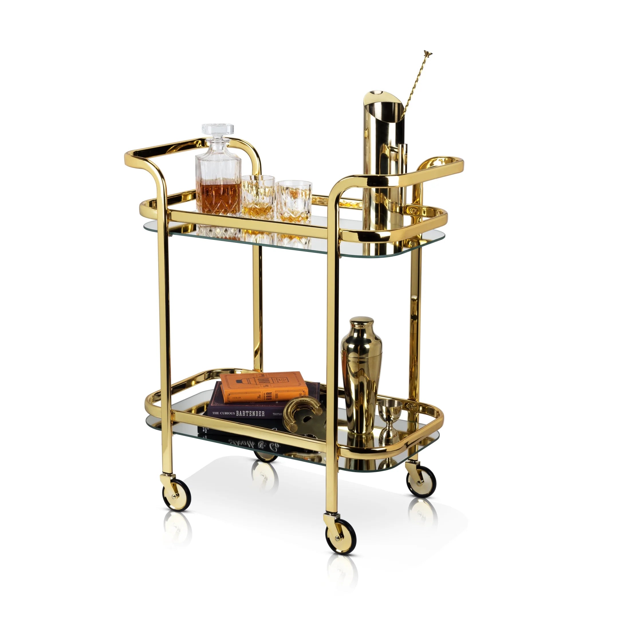 Stainless Steel Bar Cart with Wheels, Mirror Shelves, Home Bar, Gold