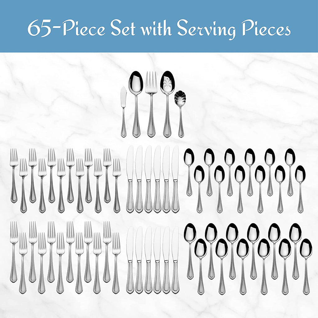 Regent Bead 65-Piece Flatware Set for 12, 18/10 Stainless Steel Silverware with Beaded Teardrop Handles, Includes Serving Utensils, Dishwasher Safe