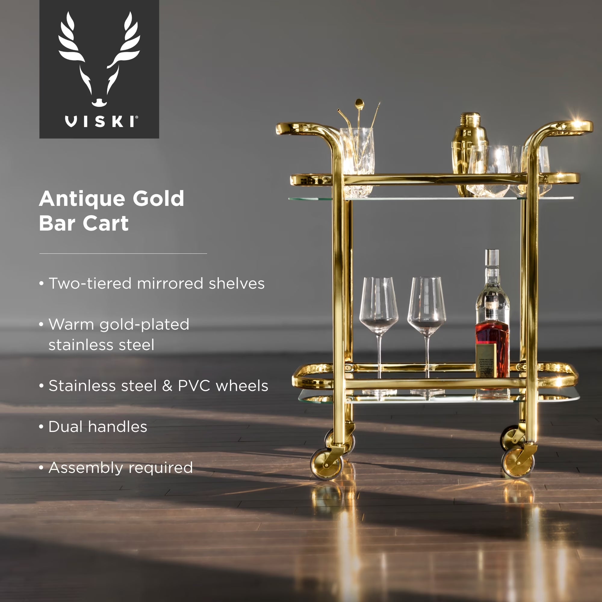 Stainless Steel Bar Cart with Wheels, Mirror Shelves, Home Bar, Gold