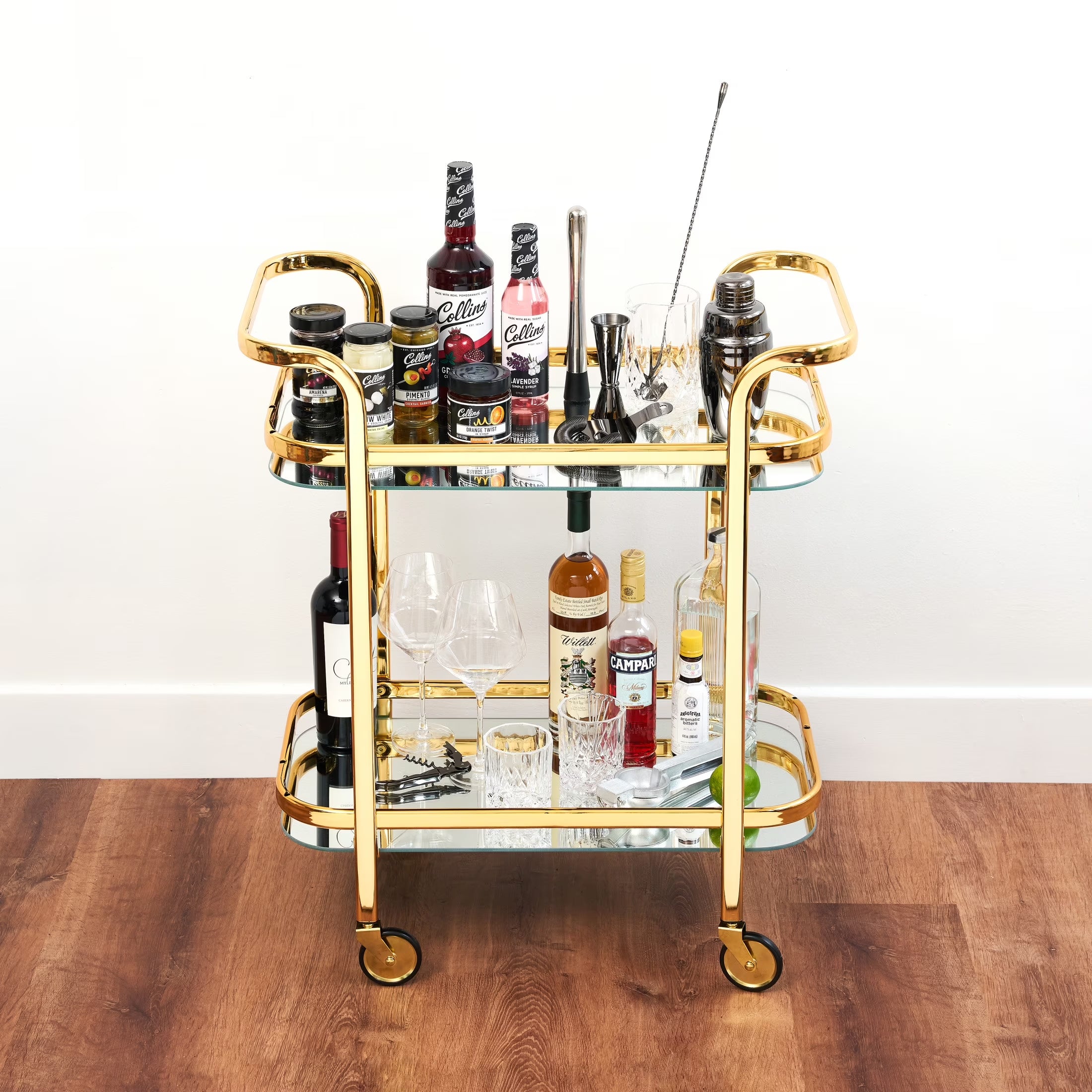 Stainless Steel Bar Cart with Wheels, Mirror Shelves, Home Bar, Gold