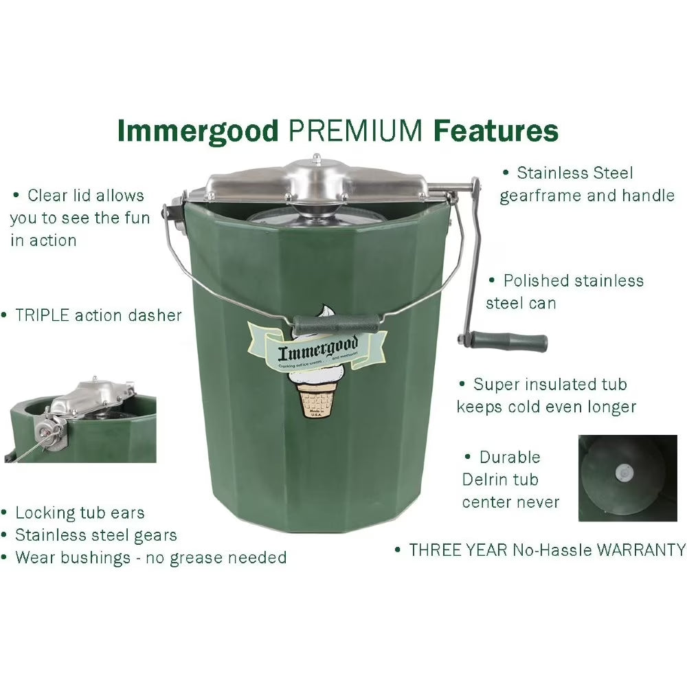 Amish Made Hand Crank Home Made Ice Cream Freezer Maker, 6 Quart
