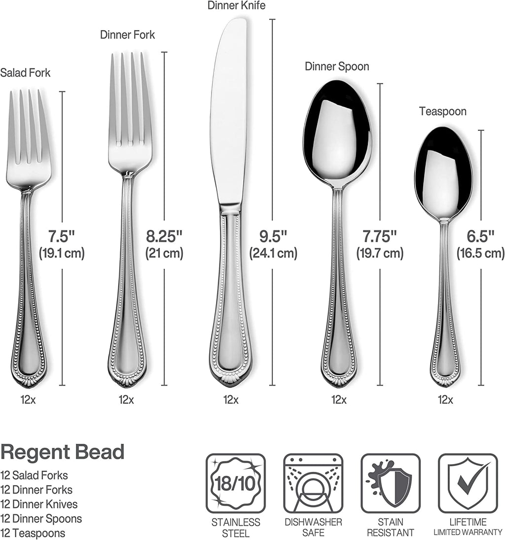 Regent Bead 65-Piece Flatware Set for 12, 18/10 Stainless Steel Silverware with Beaded Teardrop Handles, Includes Serving Utensils, Dishwasher Safe