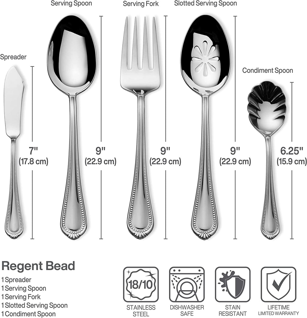 Regent Bead 65-Piece Flatware Set for 12, 18/10 Stainless Steel Silverware with Beaded Teardrop Handles, Includes Serving Utensils, Dishwasher Safe