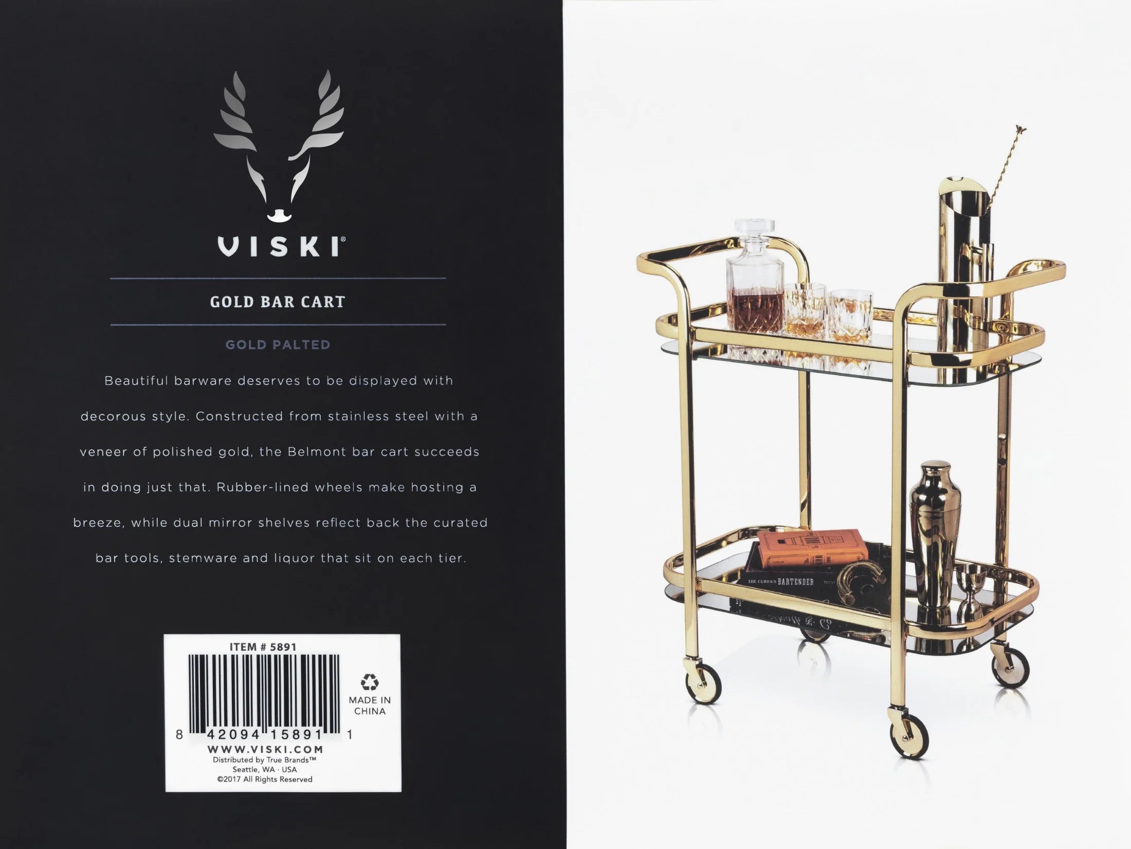 Stainless Steel Bar Cart with Wheels, Mirror Shelves, Home Bar, Gold