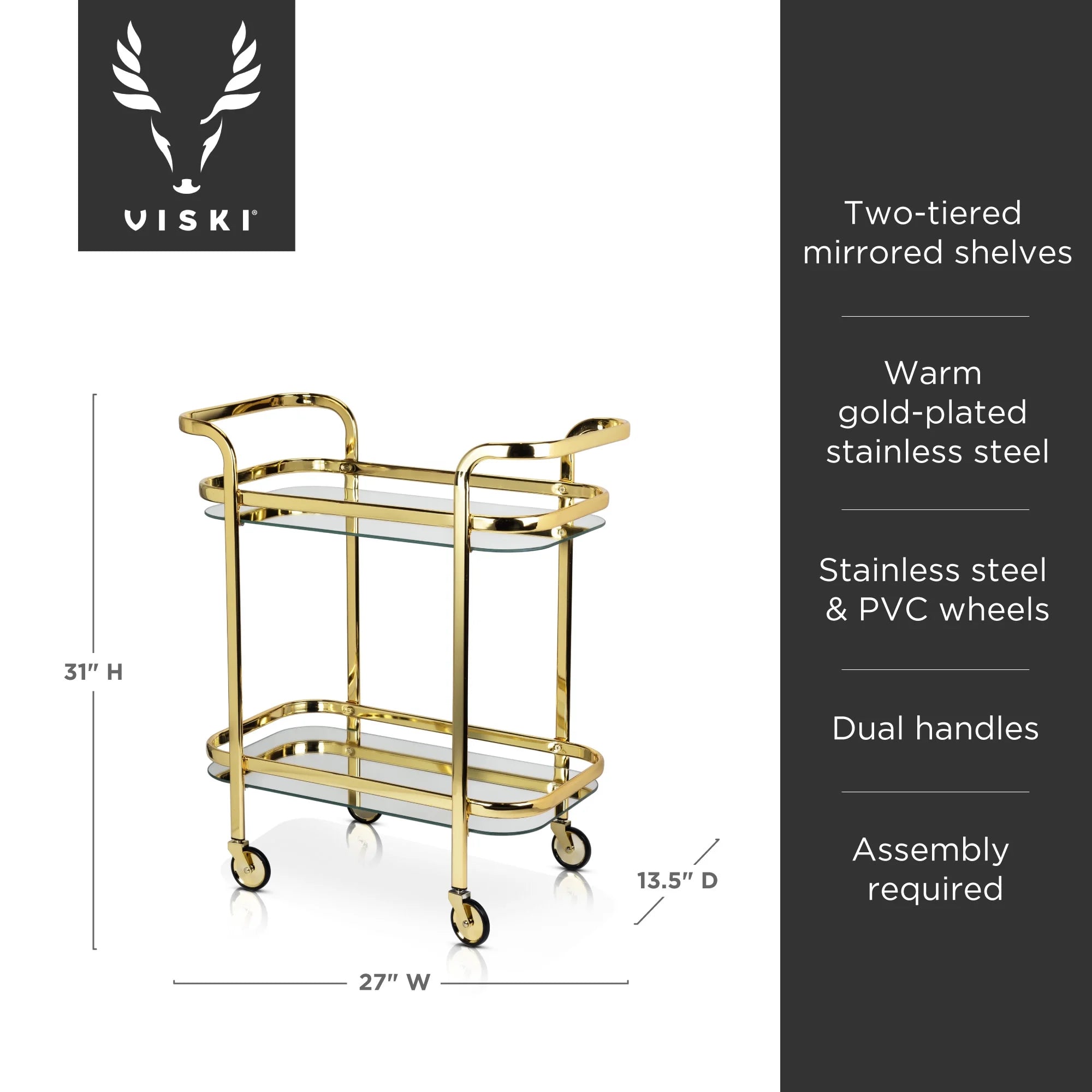 Stainless Steel Bar Cart with Wheels, Mirror Shelves, Home Bar, Gold