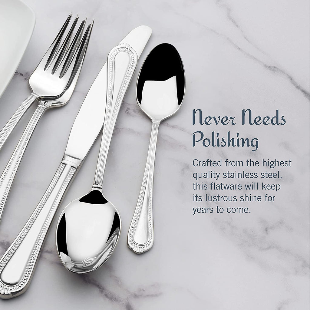 Regent Bead 65-Piece Flatware Set for 12, 18/10 Stainless Steel Silverware with Beaded Teardrop Handles, Includes Serving Utensils, Dishwasher Safe