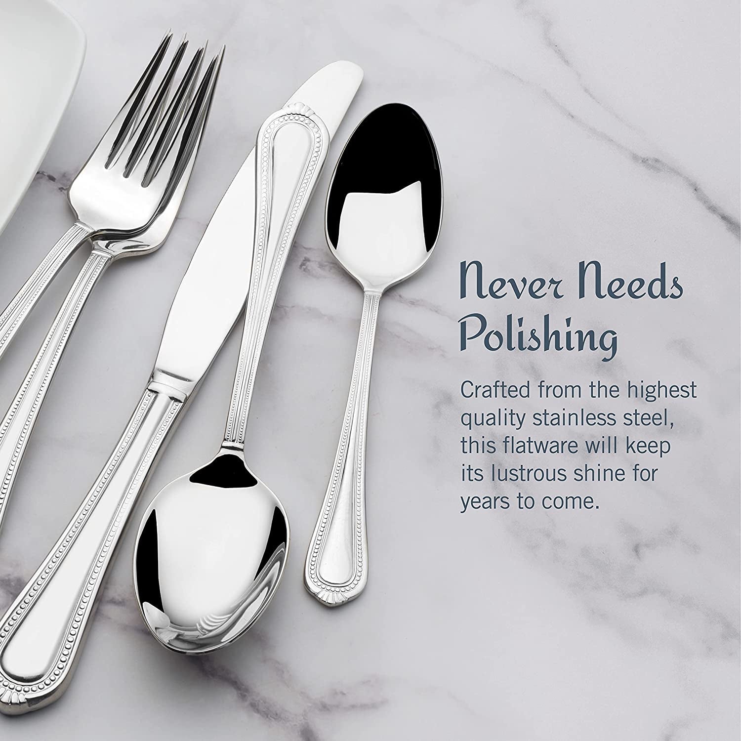 Regent Bead 65-Piece Flatware Set for 12, 18/10 Stainless Steel Silverware with Beaded Teardrop Handles, Includes Serving Utensils, Dishwasher Safe